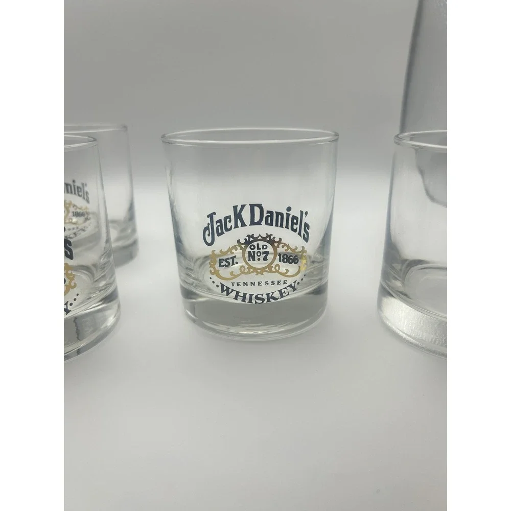 Jack Daniel's Old No. 7 Whiskey Rocks Glass Set of 4 Logo Clear Black Gold 3.5in